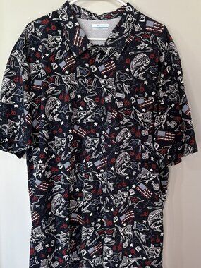 Columbia PFG Fishing Shirt XXL Patriotic Fish Print Button Up Short Sleeve Mens